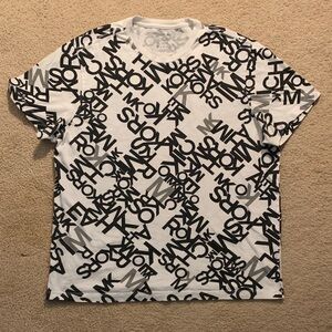 Michael Kors White T-Shirt with Black & Gray All-Over Logo Print.
